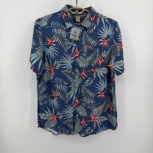 $68 NEW Hurley Boardwalk Hawaiian Shirt Mens L Navy Blue Tropical‎ Floral Surf